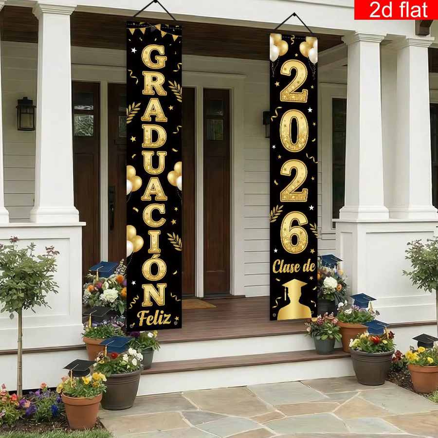 OURFETE Feliz Graduación Türbanner-Set für die Abschlussfeier 2026, Spanisches Graduierungsbanner in Schwarz und Gold zur Veranda-Dekoration - Bild 3