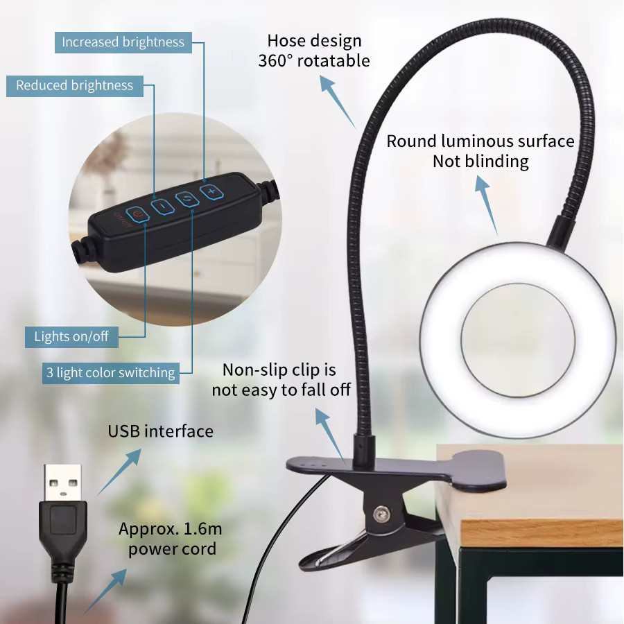 AVACOM Clip-on-Schreibtischlampe mit 48 LEDs in Schwarz, flexible 360 Grad Schwanenhals-Leselampe mit USB-Anschluss für Home Office und Nachtlicht - Bild 3