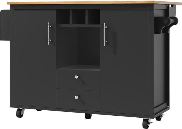 Kücheninsel FC mit Klapptisch in Schwarz, moderner Stauraum mit Weinregal, Handtuch- und Gewürzhalter, B/T/H: 137,9 x 45/73 x 92,5 cm - Bild 1