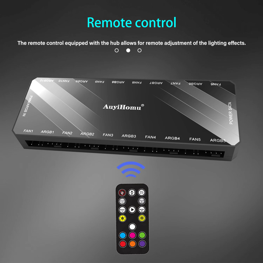 AuyiHomu 10-Port ARGB PWM Lüftersteuerung mit Fernbedienung, 5V 3-Pin RGB Hub und 4-Pin PWM Splitter, magnetischer PC-Lüfter-Hub in Schwarz - Bild 3