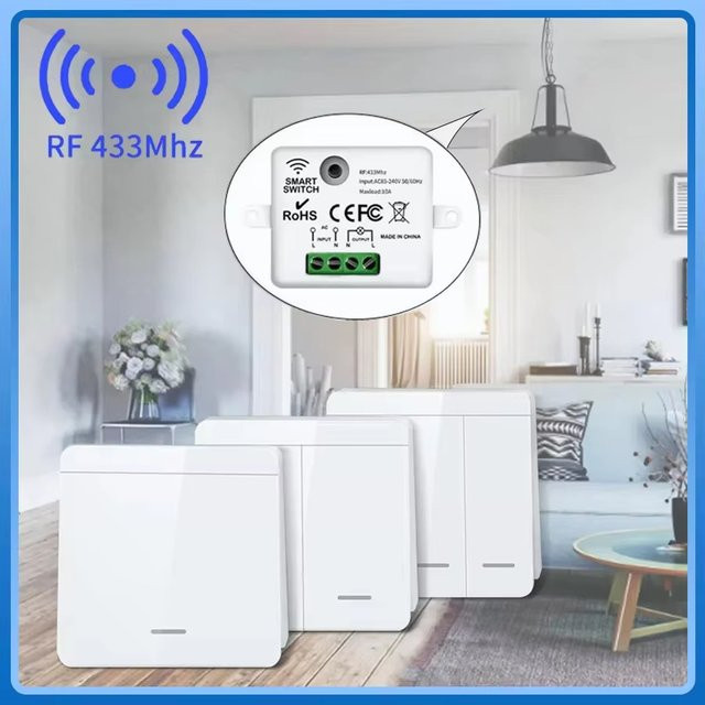 Szaoju Drahtloser Smart-Lichtschalter mit Fernbedienung RF433MHz 1/2/3-fach Wandpanelschalter für LED-Lampen, Weiß - Bild 1