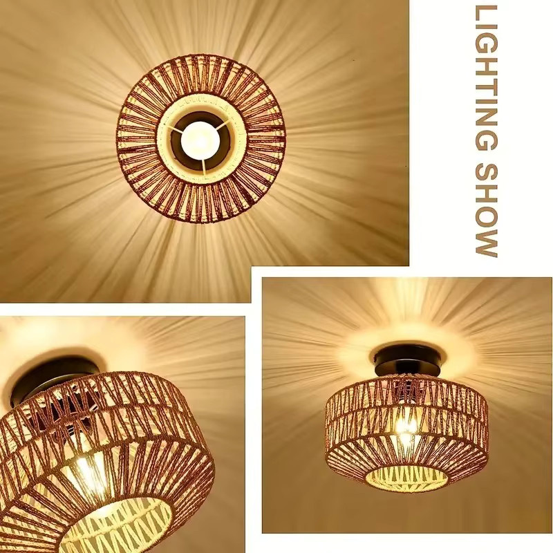 IRALAN Retro Pendelleuchte aus Bambus und Rattan in Braun, handgewebter Lampenschirm in runder Form für E27 LED, Durchmesser: 30 cm - Bild 4