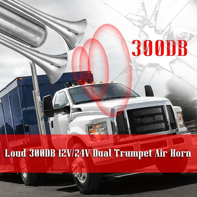 Aimo Doppel-Lufthupe 300DB Universal-Trompete Kit für LKW, Auto, Van, Boot und Pickup in Silber - Bild 1