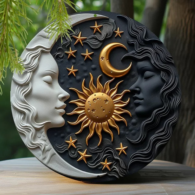 Aluminiumschild Sonne und Mond von CIFBUY, runde Wanddekoration im Boho-Stil, Mehrfarbig, B/H: 20,3 x 20,3 cm - Bild 1