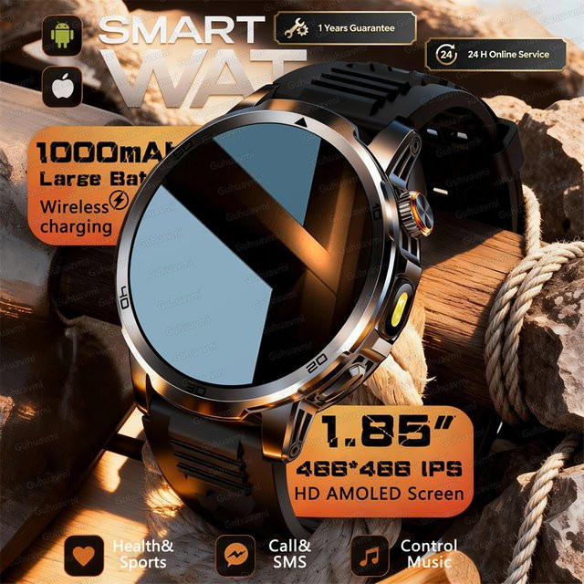 GUHUAVMI Military T-Rex 3 Smartwatch für Männer mit 1,85 Zoll HD-Bildschirm, wasserdicht, Anruffunktion und Taschenlampe in Schwarz oder Orange - Bild 1