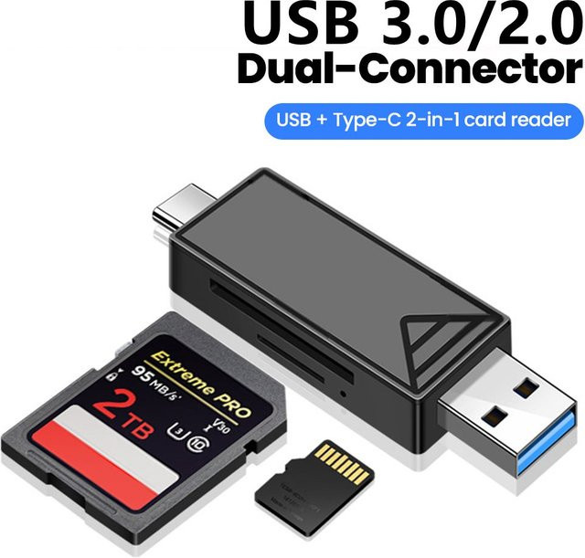 Elough USB-C Multifunktions-Kartenleser mit SD und TF Unterstützung, High Speed USB 3.0 Adapter für Laptop und Tablet, Schwarz - Bild 1
