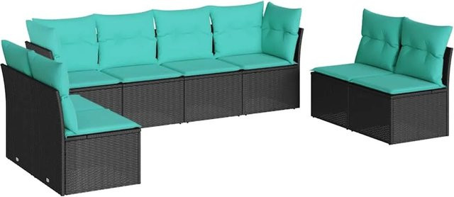 vidaXL 8-teilige Garten-Sofagarnitur in U-Form aus schwarzem PE-Rattan mit blauen Polstern und Rückenkissen - Bild 1