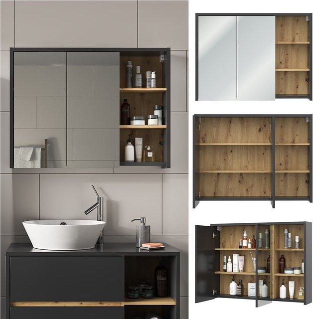 Vicco Spiegelschrank Viola Badschrank in Anthrazit und Eiche mit Schranktüren und Regalfächern B: 100 cm, H: 75 cm, T: 18 cm - Bild 1