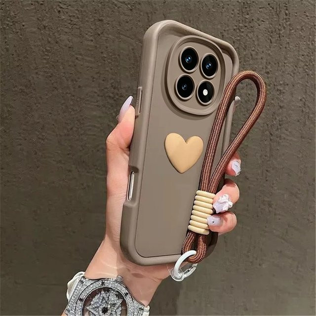 Matte Silikon Handyhülle mit 3D Liebesherz und Lanyard-Handschlaufe für Xiaomi POCO M8 X7 X6 X5 X3 F7 F6 M6 Pro C65 C75 C85 in Braun - Bild 1