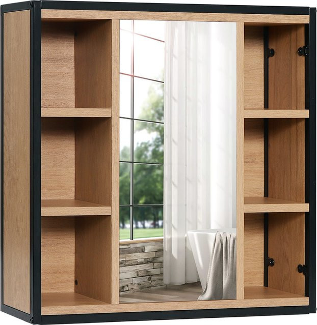 EUGAD Wandmontierter Badezimmerschrank mit Spiegel in Eiche Optik, B/H/T: 60 x 58 x 16 cm, mit verstellbaren Regalen und 6 offenen Fächern, Schwarz-Braun - Bild 1