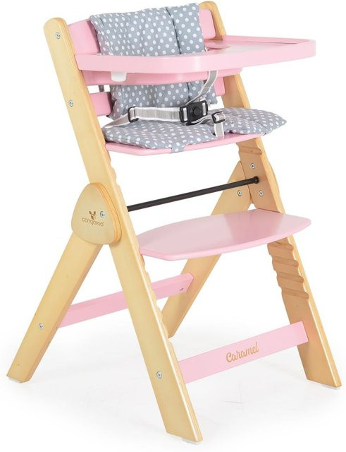 Cangaroo Kinderhochstuhl Caramel aus Holz in Rosa mit Kissen, Fußstütze und 3-Punkt-Gurt, klappbar - Bild 1