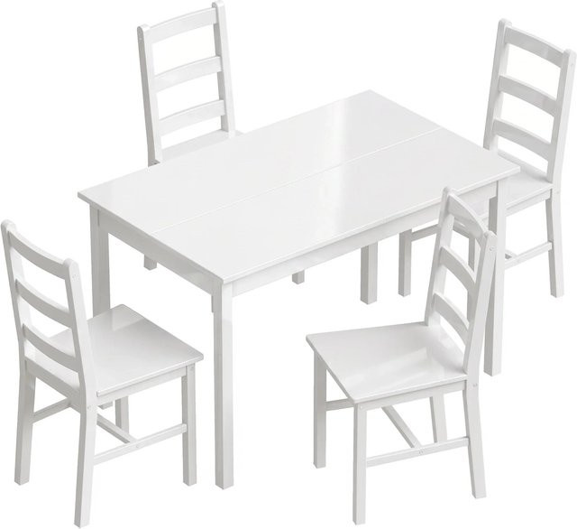 HOMCOM Essgruppe aus Kiefernholz mit Tisch und 4 Stühlen in Weiß, B/T/H: 73 x 118 x 75 cm - Bild 1
