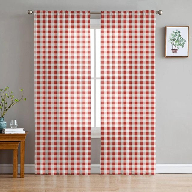 Gelbe karierte transparente Voile-Fenstervorhänge von A Family Of Home Textiles, Set aus 2 Stück, B: 135 cm, H: 160 cm - Bild 1