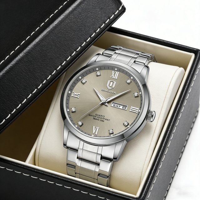QINGXIYA Armbanduhr Edelstahl, Quarz, Silber, Herren, Wochentag, Datum - Bild 1