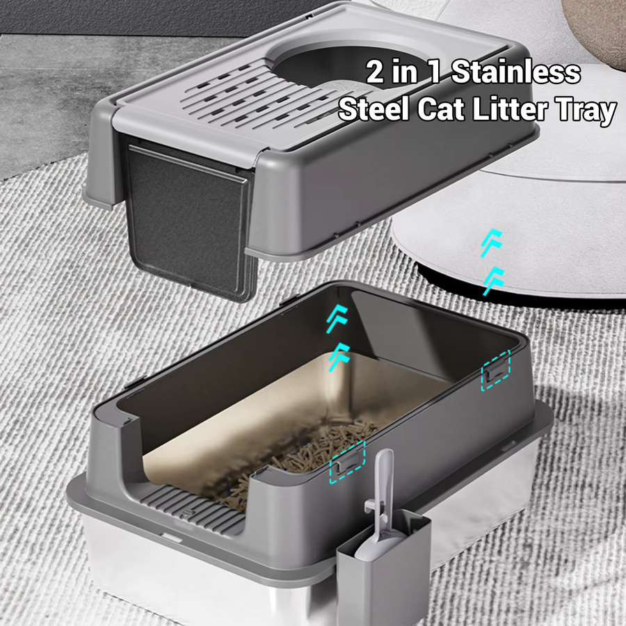 HiMISS Geschlossene Katzentoilette aus Edelstahl mit Deckel in Schwarz und Grau - Bild 3