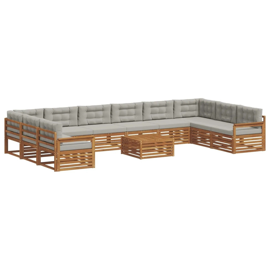 vidaXL Sofagarnitur aus Massivholz Akazie in Natur und Hellgrau, 11-teiliges Lounge-Set in U-Form mit Tisch, Sitzkissen und Rückenkissen - Bild 2