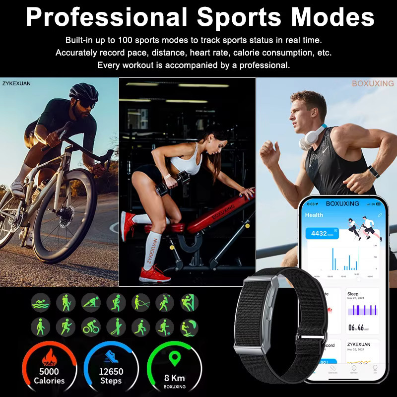 BOXUXING Smartwatch ohne Bildschirm für Männer und Frauen, Sportarmband mit Herzfrequenzmonitor, IP68 wasserdicht und Anruf-Erinnerung, Schwarz - Bild 4