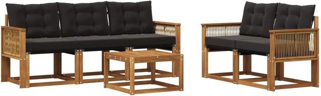 vidaXL Outdoor-Sofagarnitur aus massivem Akazienholz und Textilene mit Kissen, 6-teiliges Set, Schwarz und Natur - Bild 1