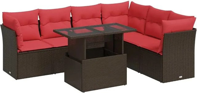 vidaXL 7-teilige Garten-Sofagarnitur aus Poly-Rattan und Akazie in Braun mit Kissen - Bild 1