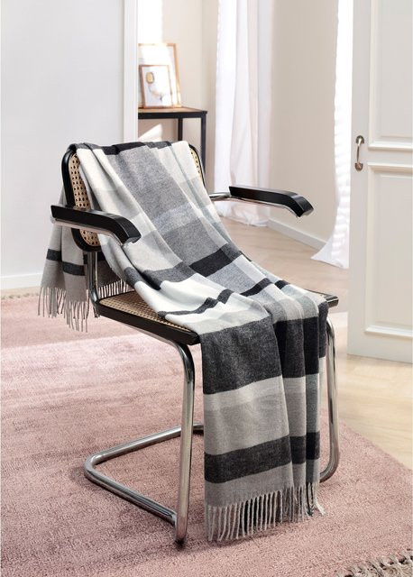 Biederlack Wohndecke Fransenplaid aus Baumwolle in Grau Multicolour mit Karomuster - Bild 1