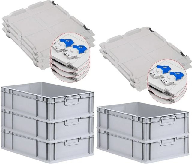 PROREGAL SuperSparSet 5x Eurobox NextGen Grip mit Scharnierdeckel und blauen Schiebeschnappverschlüssen, Grau, H: 17 cm, B: 40 cm, T: 60 cm - Bild 1