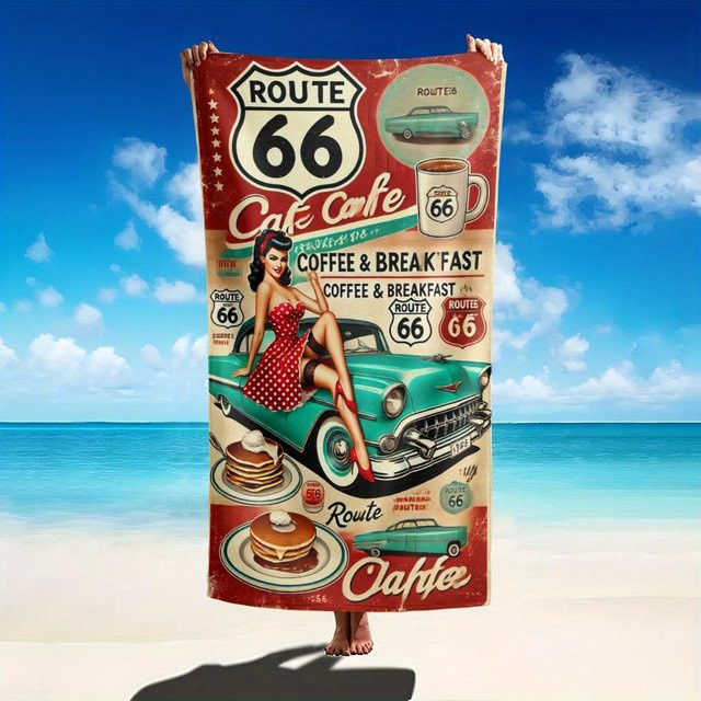 JMG Household Supplies Route 66 Windmühlen Strandtuch mit Retro-Design, sandfreies und schnelltrocknendes Badetuch für Strand und Picknick, B/H: 50 x 100 cm, Mehrfarbig - Bild 1