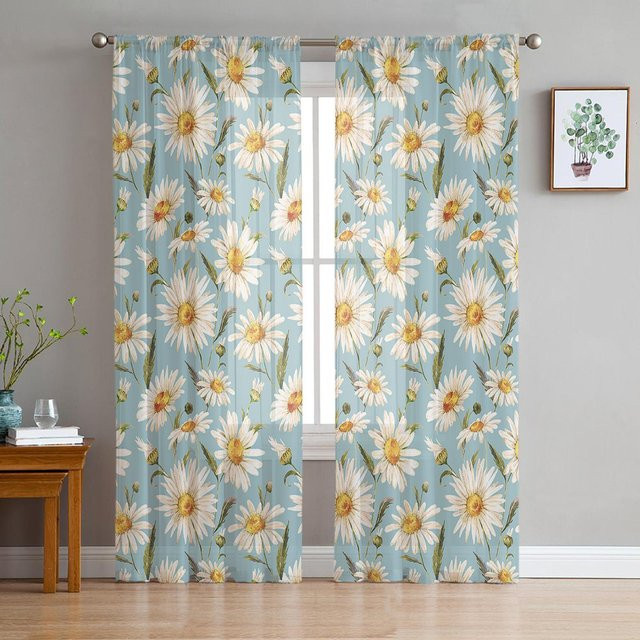 Daisy Aquarell Textur Sheer Voile Fenster Vorhang mit floralem Design, Transparent, Mehrfarbig, B: 135 cm, H: 114 cm - Bild 1