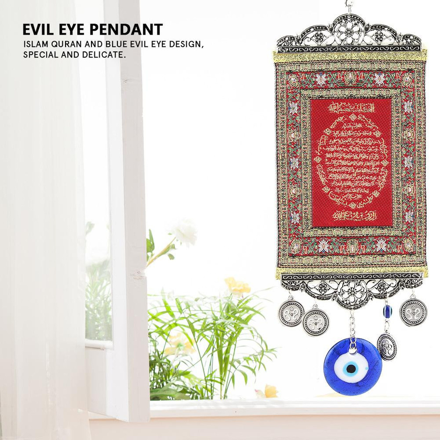 Neoglint Wandteppich mit Islamischem Koran und blauem Nazar-Amulett in Blau, Orientalisches Textildesign mit floralen Elementen und Schriftzeichen - Bild 3