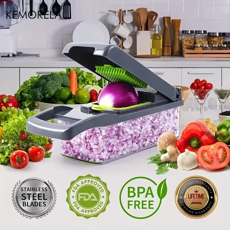 Multifunktionaler 14/16 in 1 Gemüsehacker und Zwiebelzerkleinerer von KEMORELA in Grau mit Mandoline und praktischem Griff zur Würfelformung für deine Küche - Bild 2