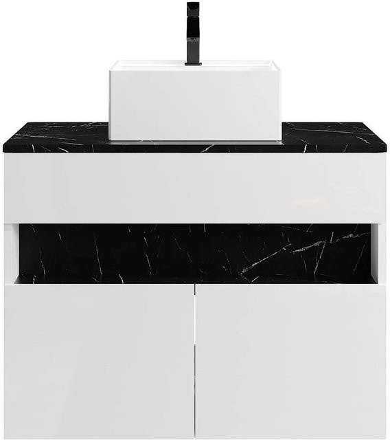 Vente-unique Einzelwaschtisch Pogeza in Schwarz-Weiß mit Marmor-Optik, Breite: 80 cm - Bild 1