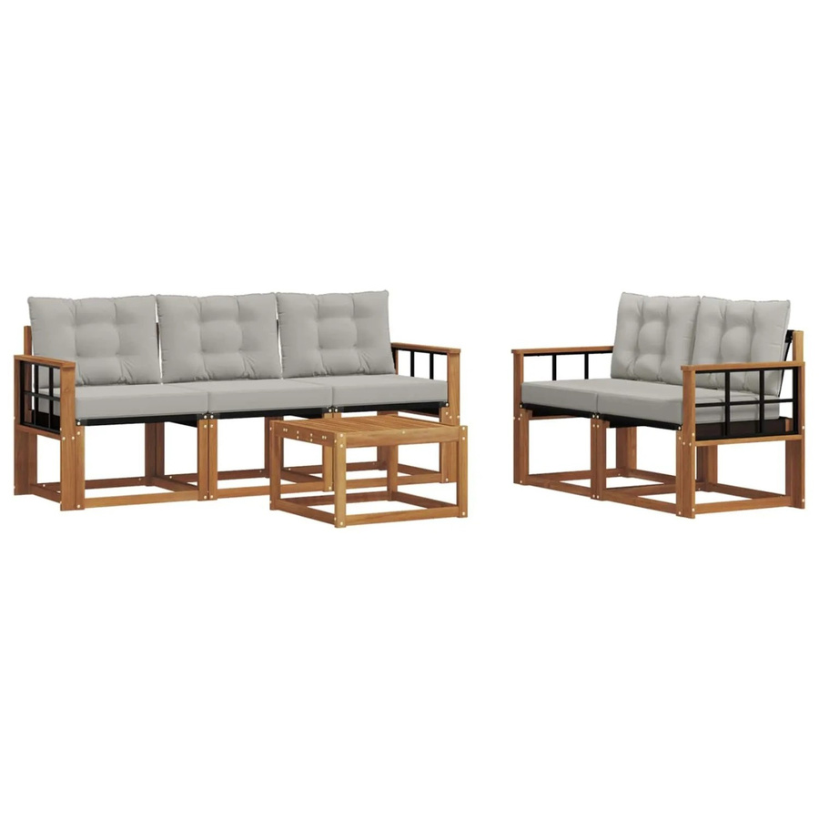 vidaXL Outdoor-Sofagarnitur 6-teilig aus Akazienholz und Textilene in Grau mit Kissen - Bild 2