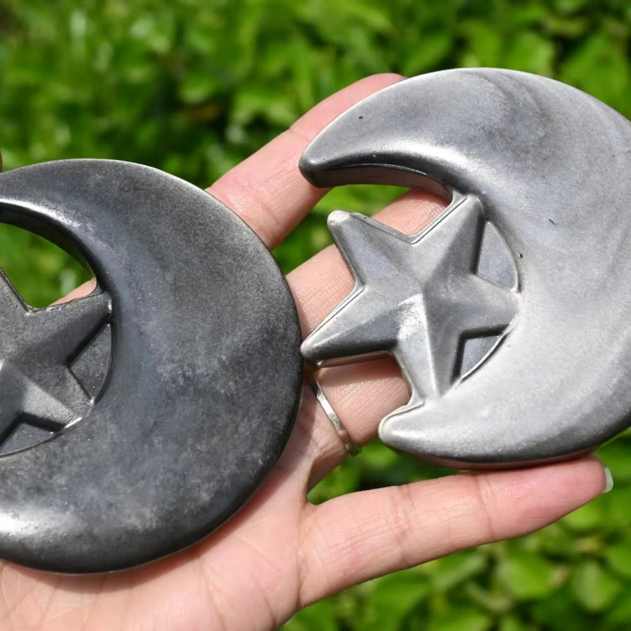 CrystalHola Obsidian-Mond mit Sternschnitzerei in Silber und Gold als Altar-Dekoration - Bild 3