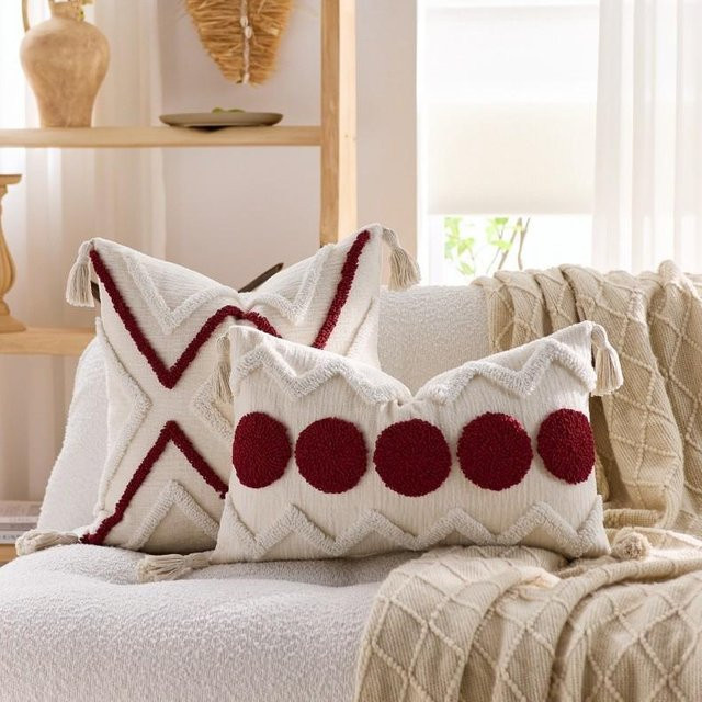 JMG Clothing Chenille-Tufting-Kissenbezüge im Boho-Stil mit Quasten, Farbe: Pink und Weiß, B/H: 50 x 30 cm - Bild 1
