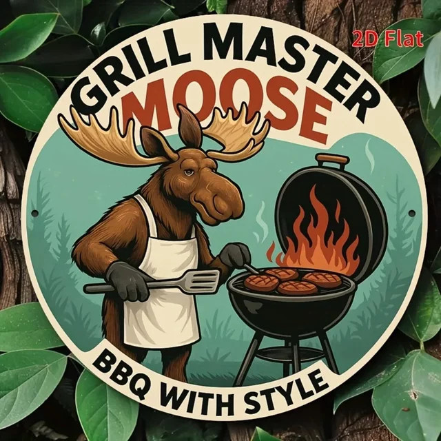 Runde Wanddekoration aus Metall von Potdemiel mit Grill Master Moose Motiv in Multicolour, Durchmesser: 20 cm - Bild 1