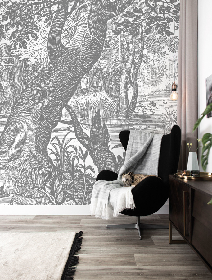 Kek Amsterdam Mural Engraved Landscapes Wandbild in Schwarz Weiß Grau Breite: 3,896 m - Bild 1