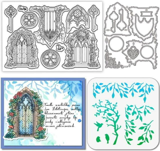 Metall Stanzform im Vintage Gothic Architektur Design mit Fenster und Türrahmen sowie Blättern in Silber und Transparent - Bild 1
