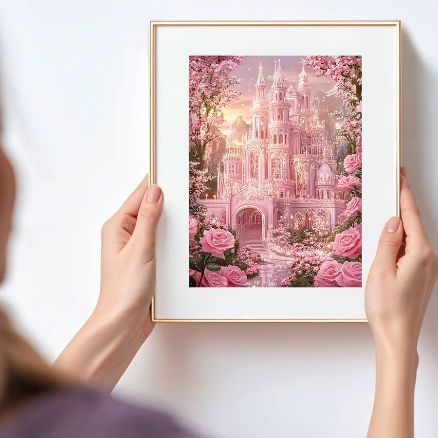Potdemiel 5D-DIY Diamant-Gemälde Set mit rosa Schloss und Rosen als Diamant-Mosaik in Pink mit runden Steinen - Bild 2
