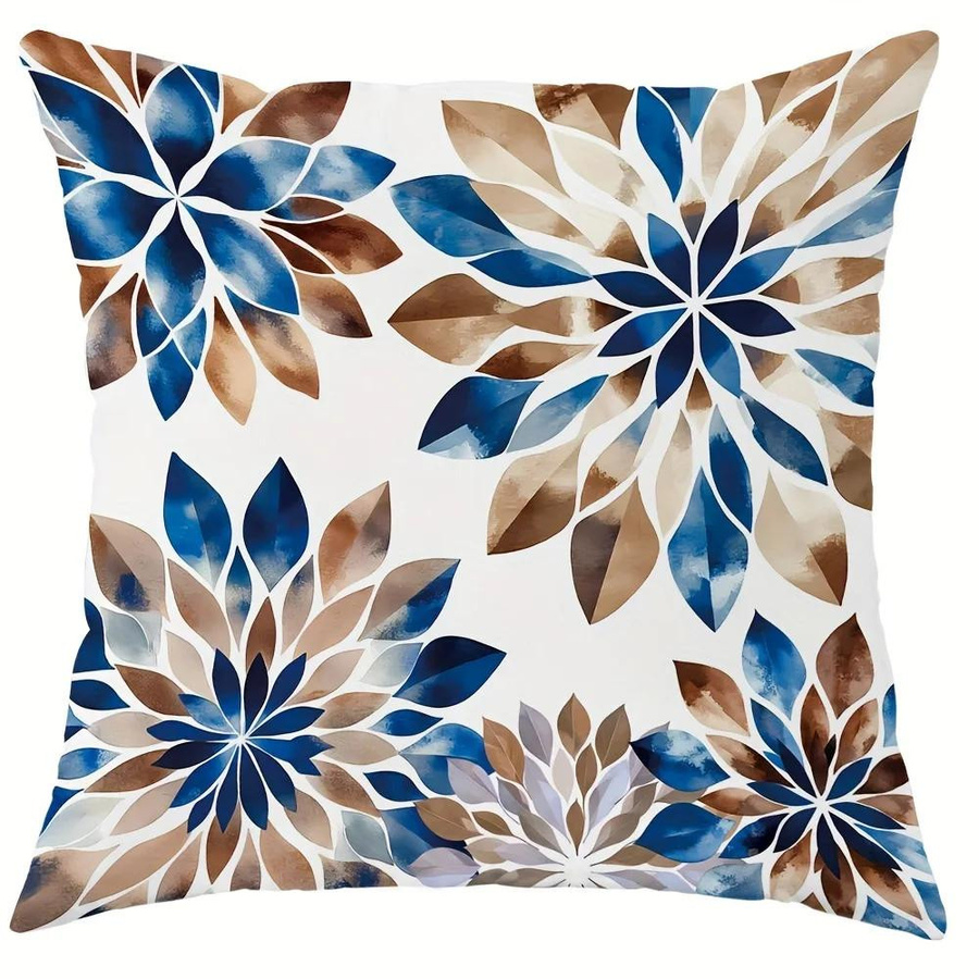 Tinika Chen Kissenbezug mit floralem und geometrischem Plüschdruck in Blau und Braun, B/H: 18 x 18 cm - Bild 3