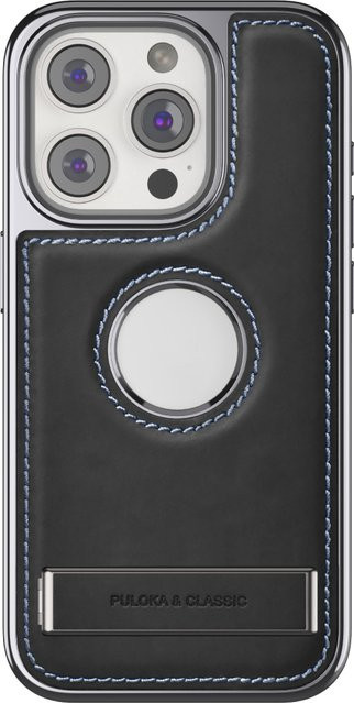 Puloka Lederhülle mit Logo und Ständer für iPhone 15 Pro, iPhone 14 und iPhone 13 Pro Max, Schwarz - Bild 1