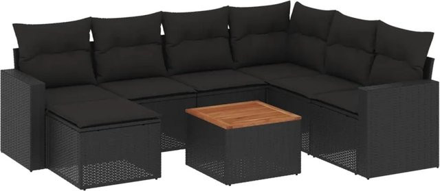 vidaXL 8-tlg. Garten-Sofagarnitur in L-Form aus schwarzem Poly-Rattan mit Kissen und pulverbeschichtetem Stahlgestell - Bild 1
