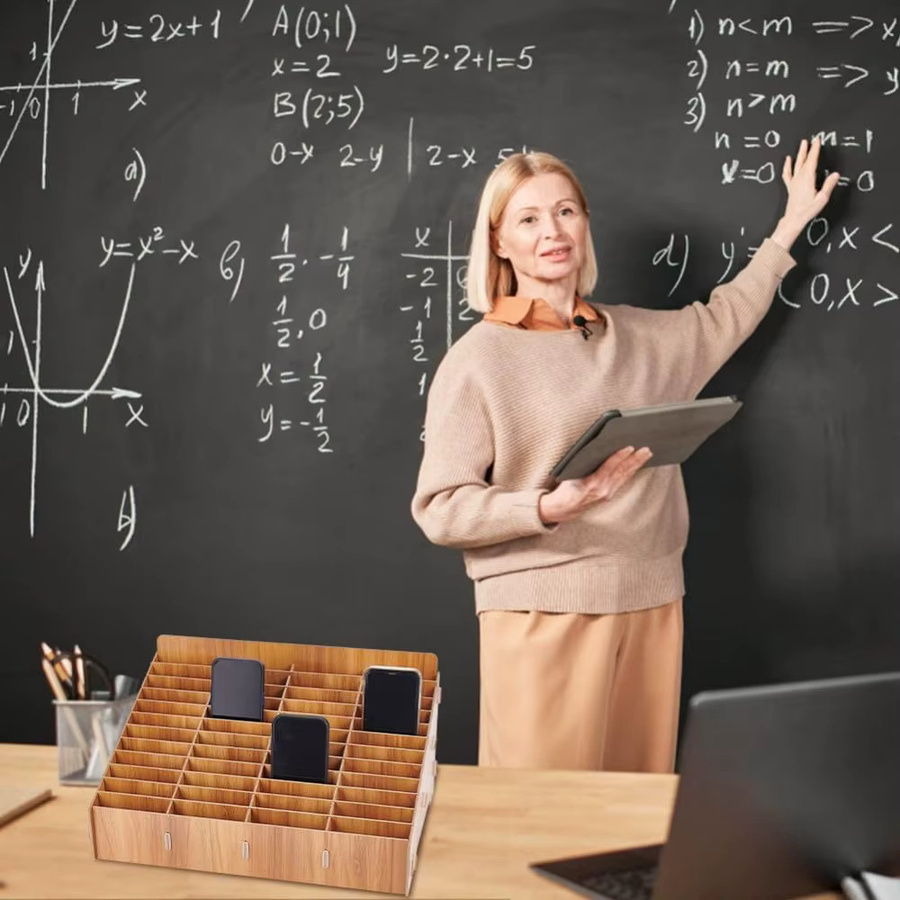 Holz Handy Aufbewahrungsbox mit 48 Gittern als Schreibtisch-Organizer in Braun für Büro und Schule - Bild 5
