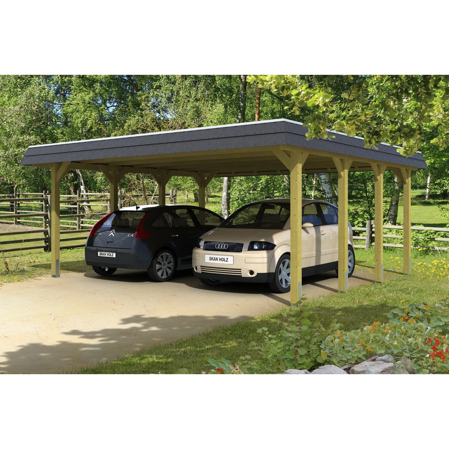 Skan Holz Doppelcarport Spreewald Walmdach aus Nadelholz mit Aluminium-Dachplatten in Schwarz und Grün, B/T: 585 x 589 cm, Höhe: 250 cm - Bild 2