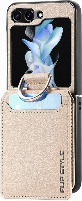 Leder Wallet Case mit Litschi-Muster und Kartenhalter für Samsung Galaxy Z Flip 4, Z Flip 3 und Z Flip 2 in Beige inklusive Fingerring - Bild 1