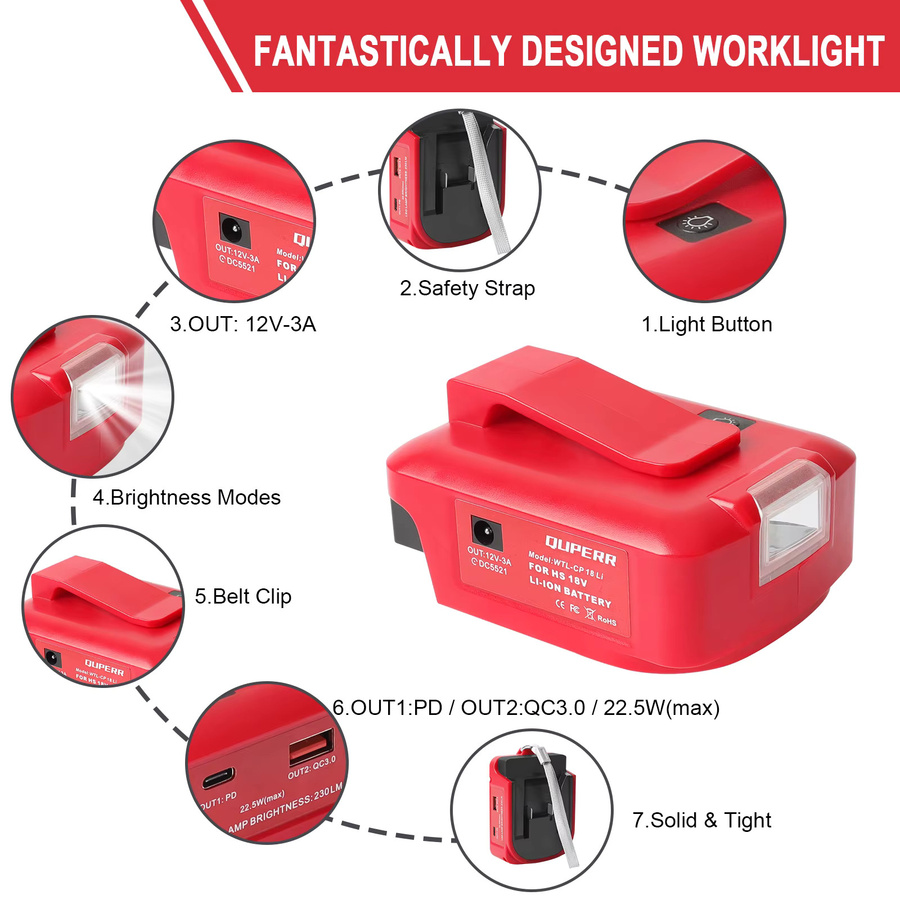 Einhell Akku-Adapter für 18V Akkus mit USB-C und PD 22,5W QC3.0 Anschluss in Rot - Bild 2