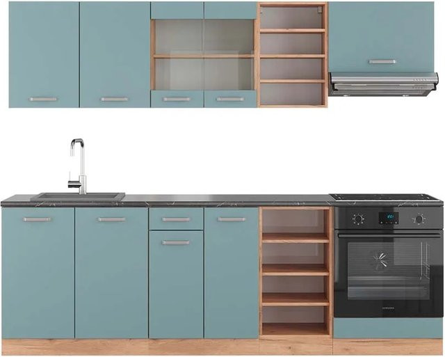 Vicco R-Line Küchenzeile Blau-Grau/Goldkraft Eiche in Anthrazit, Breite: 240 cm - Bild 1