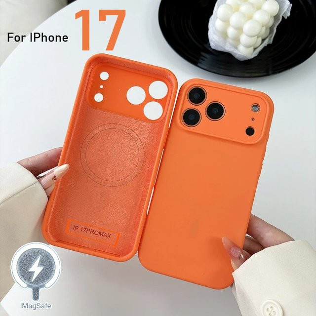 Apple iPhone 17 Pro Max Handyhülle aus flüssigem Silikon mit MagSafe für kabelloses Laden, Grün und Orange - Bild 1