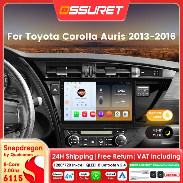 OSSURET Autoradio für Toyota Corolla Auris 2013–2016 mit Android 14, Snapdragon 6115 Multimedia-Player, CarPlay, GPS und 360 Grad Kamera, Schwarz - Bild 1
