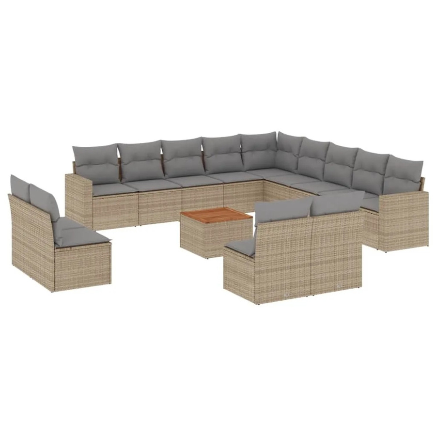 vidaXL 14-teilige Garten-Sofagarnitur aus Poly-Rattan und Akazienholz in Beige-grau mit Kissen - Bild 2