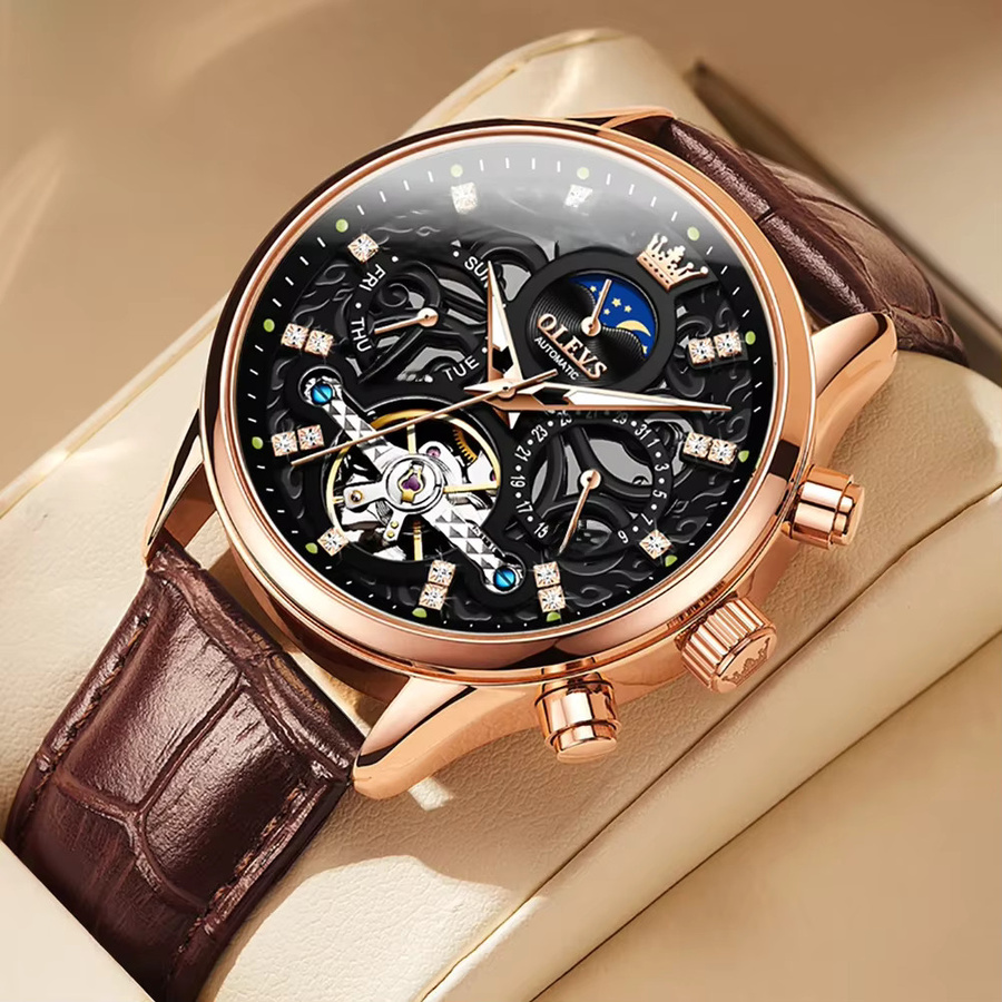 Olevs Armbanduhr, Automatik, Skelett, Roségold, Leder, Herren - Bild 4
