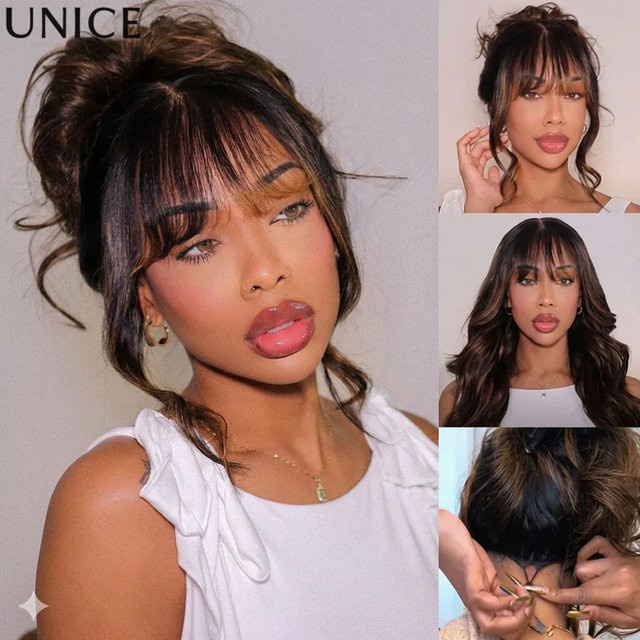 UNice Pre Everything Lace Frontal Perücke, Balayage Highlights, Loose Wave mit Pony - Bild 1